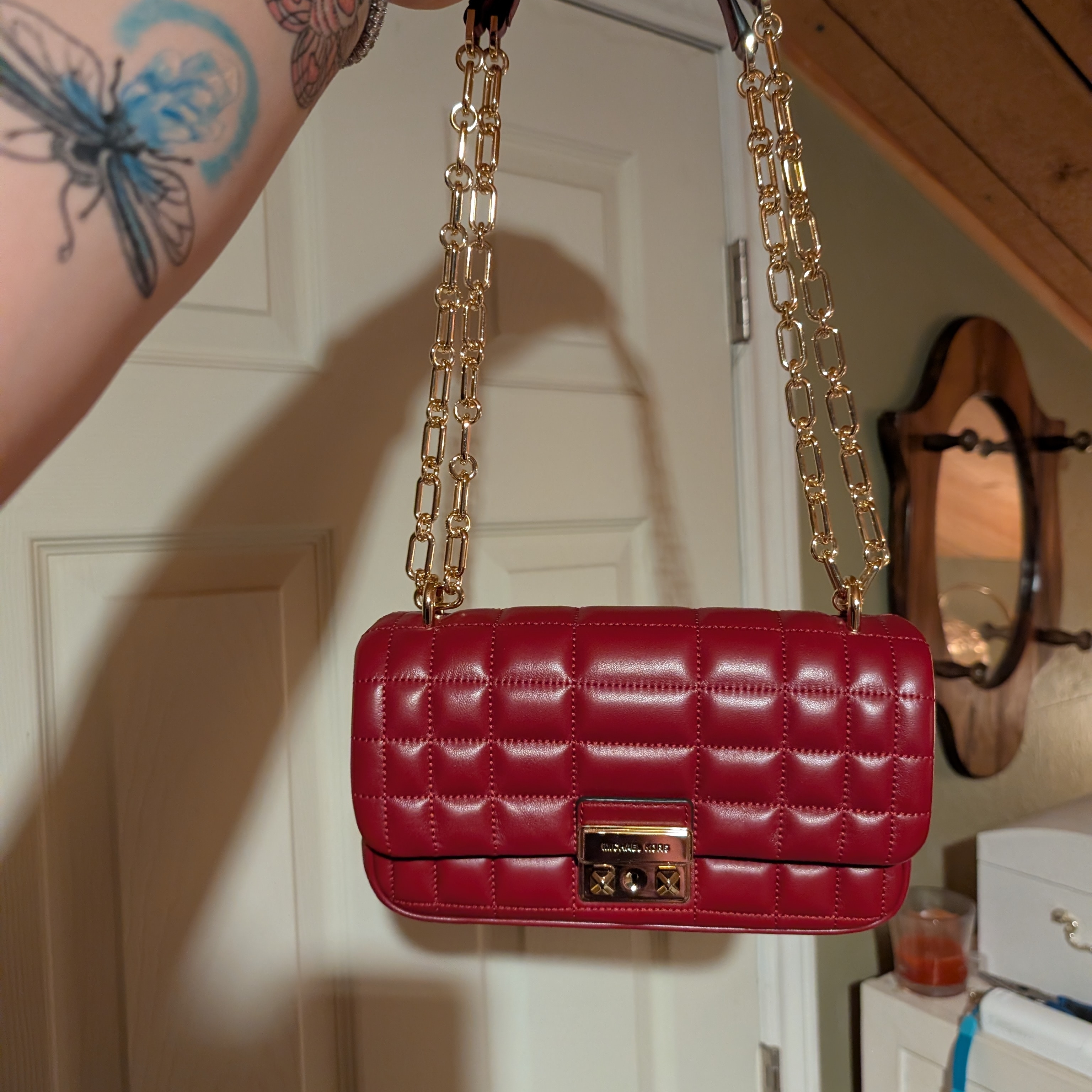 Michael Kors Tribeca Quilted Leather In Red. Crossbody/Shoulder Bag
